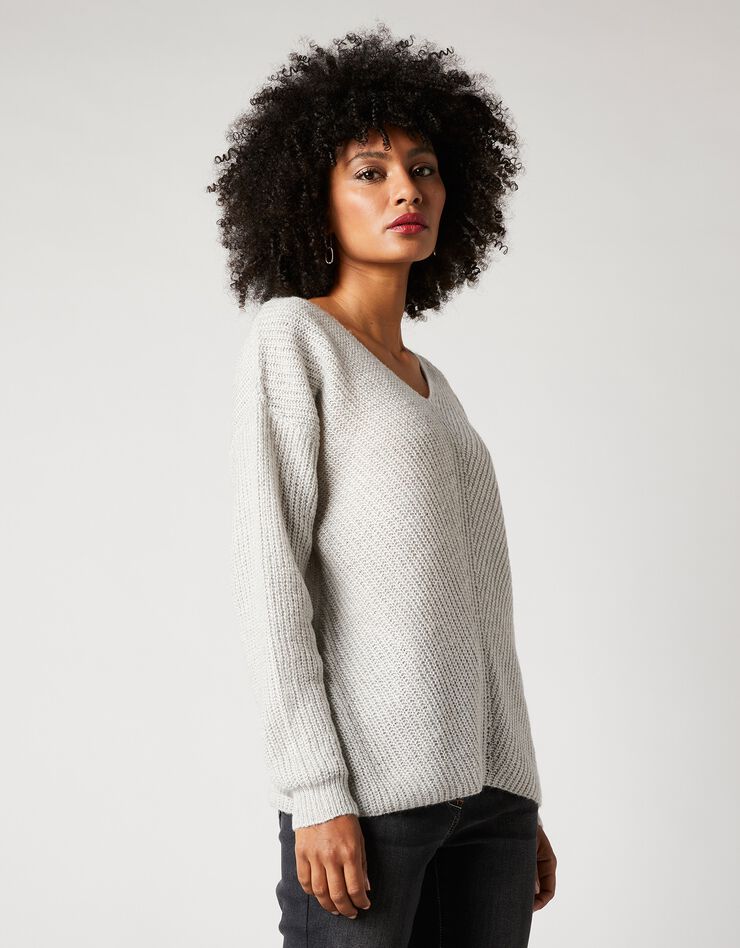 Pull col V, maille anglaise toucher mohair (gris chiné)