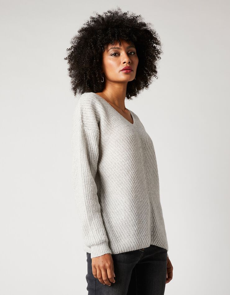 Pull col V, maille anglaise toucher mohair (gris chiné) Pull col V, maille anglaise toucher mohair (gris chiné)