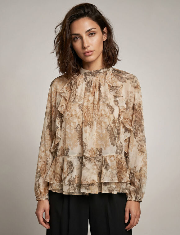 Blouse volant&eacute;e manches blousantes, voile imprim&eacute; python (beige)