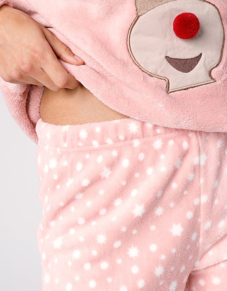 Pyjama manches longues maille polaire motif "renne"  (rose poudré)