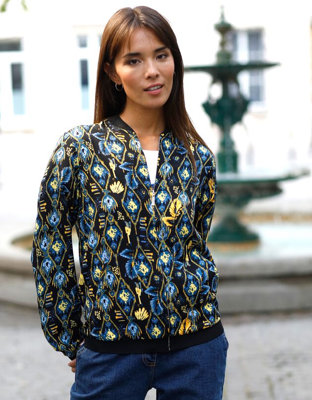 Veste bombers zippée imprimée, crêpe (noir / bleu)