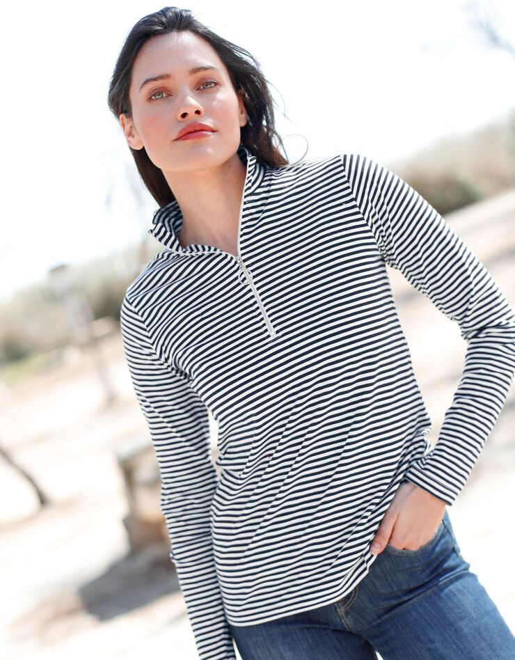 Tee-shirt col montant zippé rayé (marine / blanc)