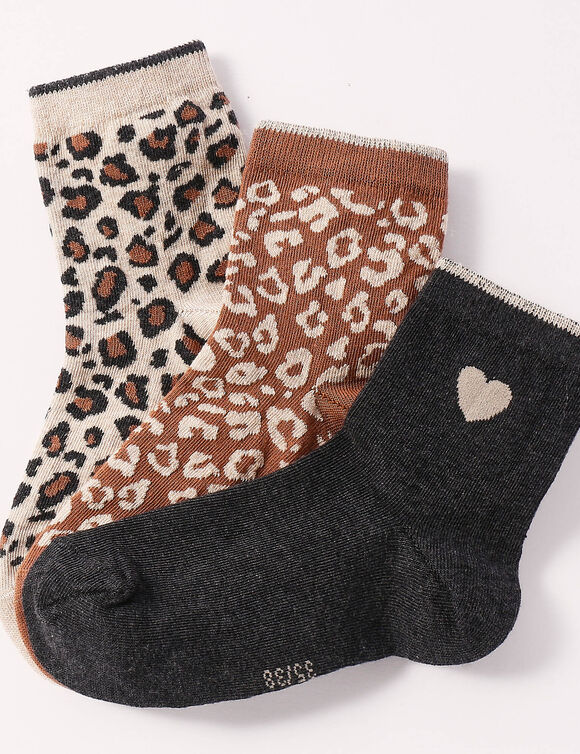 Chaussettes fantaisie motif léopard - lot de 3 (gris + caramel + beige)