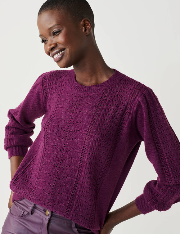Pull col rond, maille fantaisie toucher doux (prune)