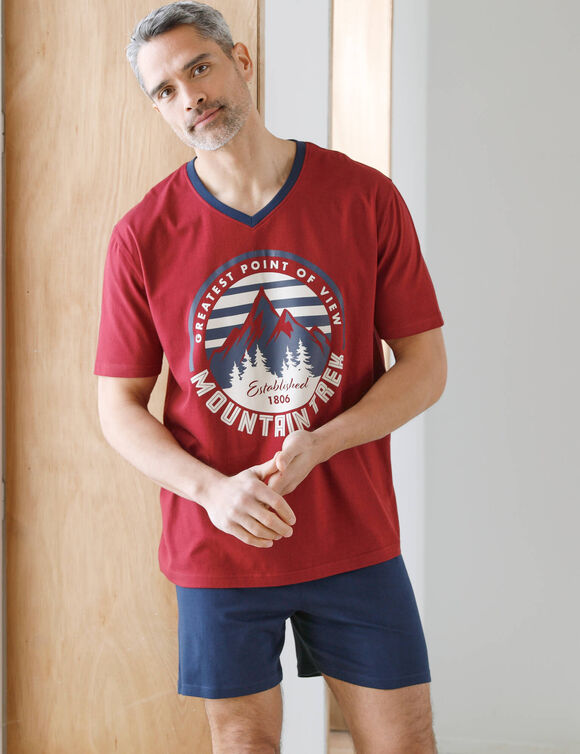 Pyjama short col V contrast&eacute; manches courtes (brique / marine)