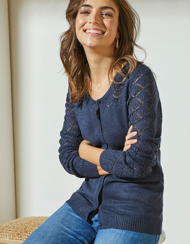Cardigan boutonné, maille ajourée toucher cachemire (marine)