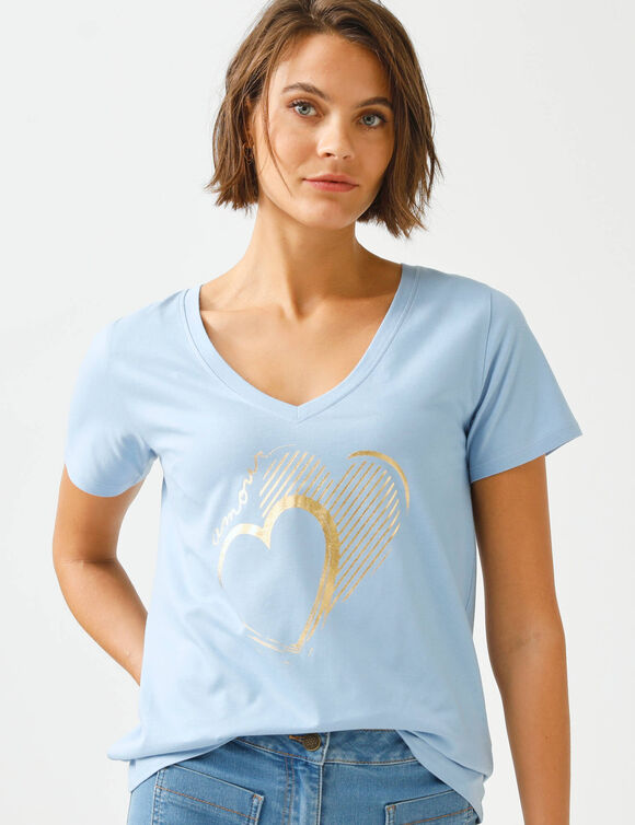 T-shirt col V imprim&eacute; dor&eacute; (bleu clair)