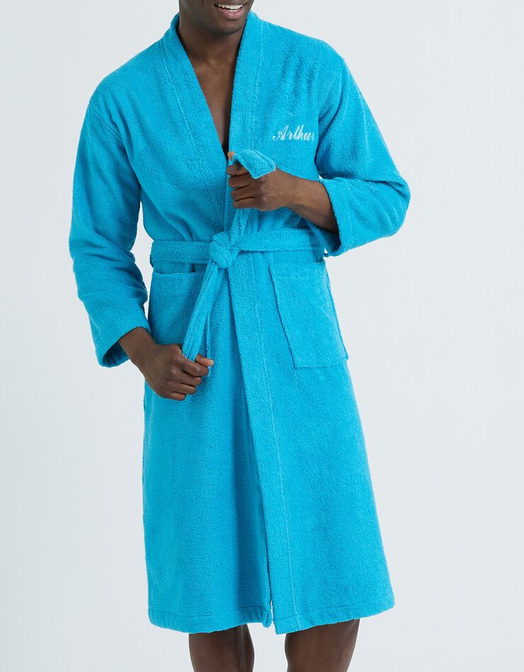 Peignoir mixte adulte uni coton éponge bouclette col kimono personnalisé (turquoise)