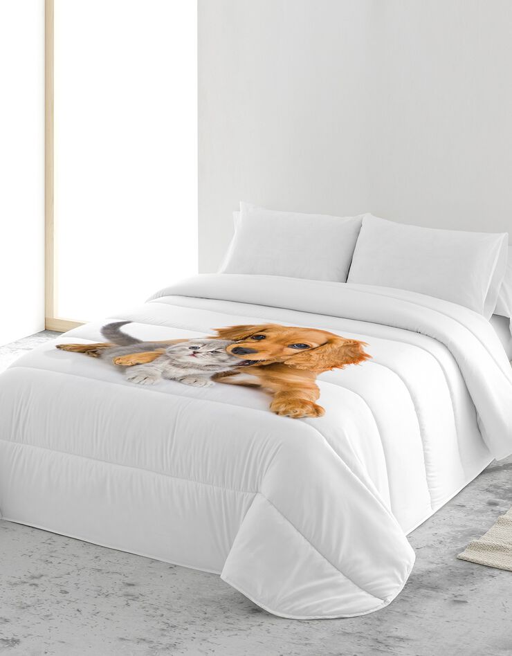 Couette microfibre imprimée chat et chien 200 g/m² (blanc / gris)