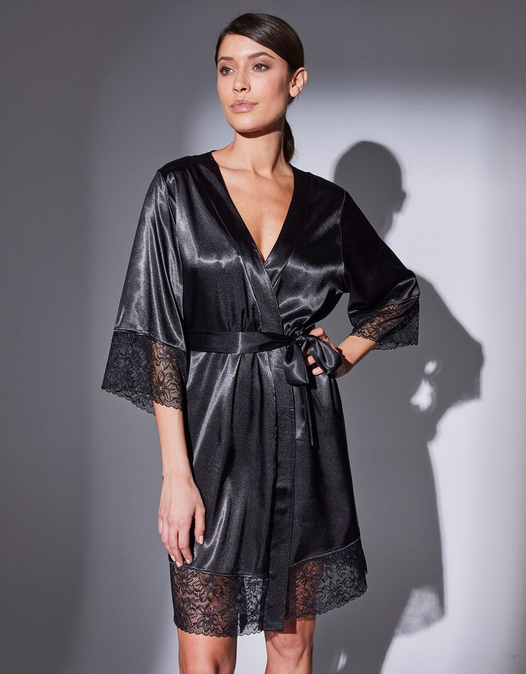 Peignoir court satin et dentelle (noir)