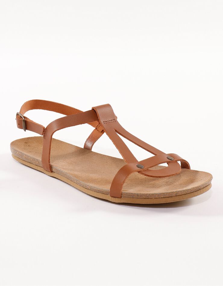 Sandales plates cuir semelle liège - marron (marron)