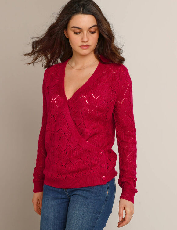 Gilet cache-coeur, maille fantaisie toucher doux (framboise)
