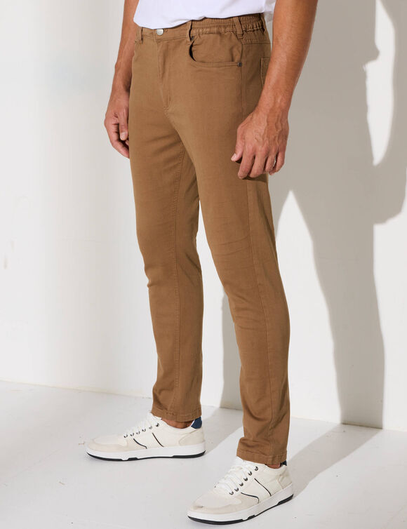 Pantalon droit 5 poches twill coton extensible (marron clair)