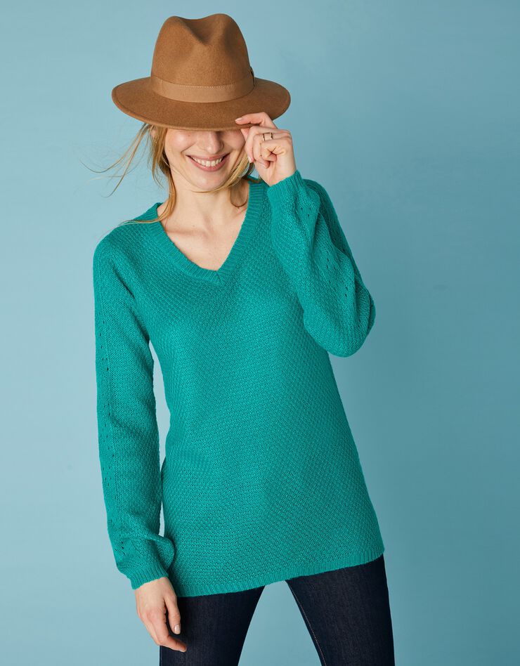 Pull tunique col V maille ajourée toucher mohair (vert) Pull tunique col V maille ajourée toucher mohair (vert)