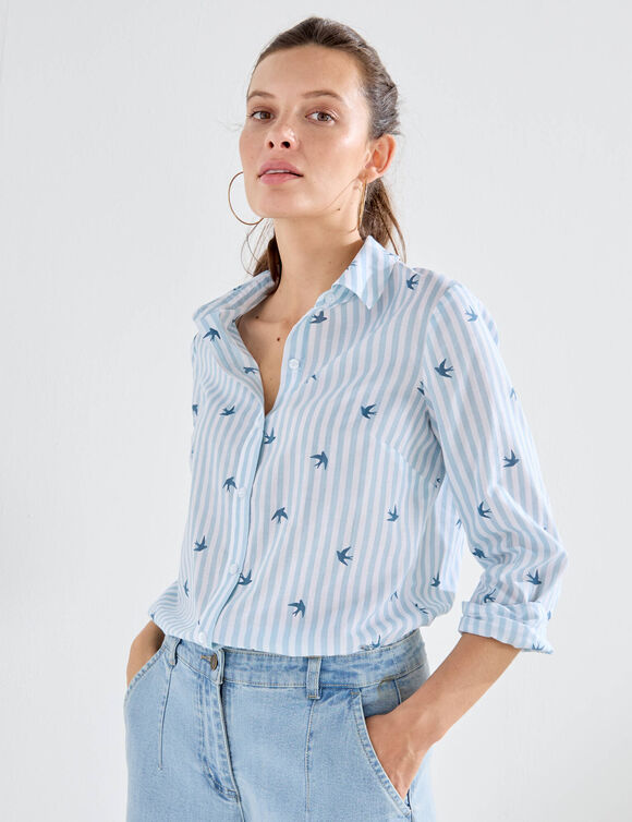 Chemisier imprim&eacute; ray&eacute; et oiseaux (bleu)
