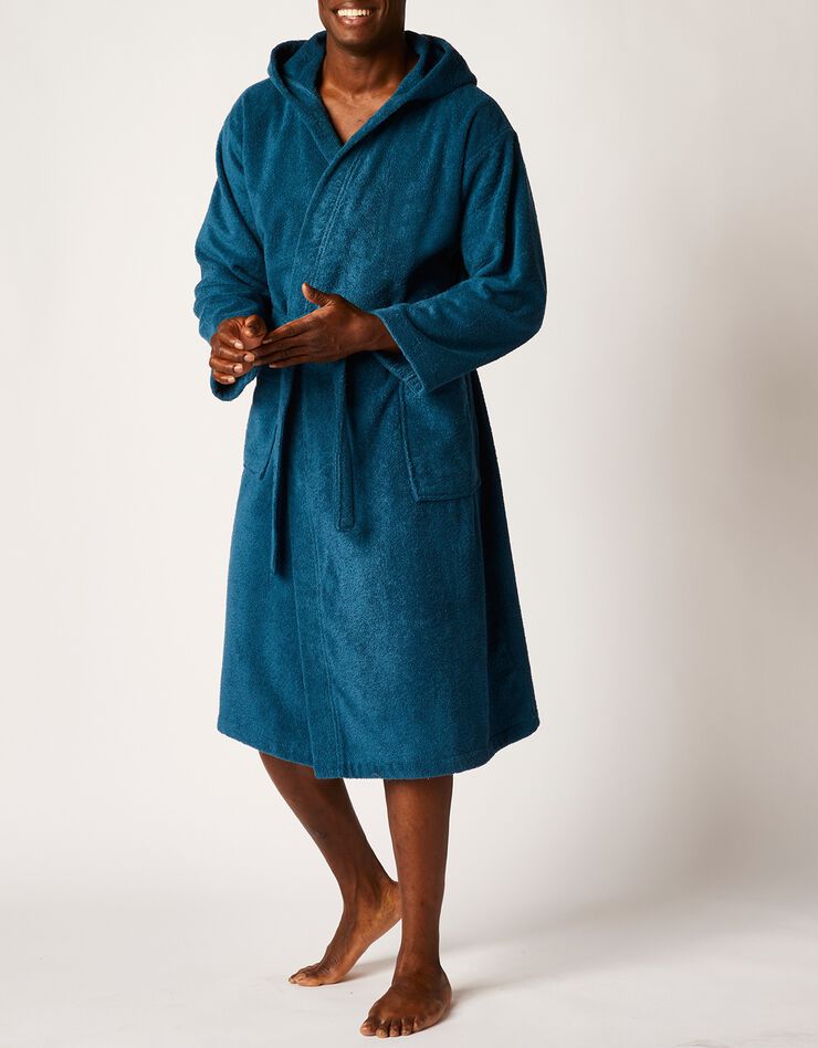 Peignoir mixte adulte col capuche éponge bouclette (bleu paon)