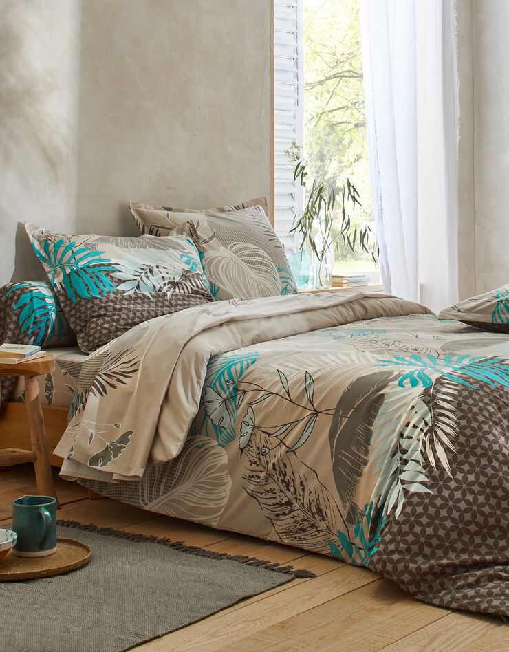 Linge de lit Jane en coton imprimé feuillages (taupe)