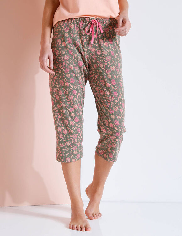 Pantacourt pyjama imprimé fleuri  "Bohème" (kaki / rose)
