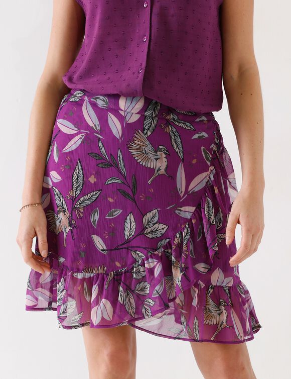 Jupe volantée effet portefeuille, voile imprimé (violet)