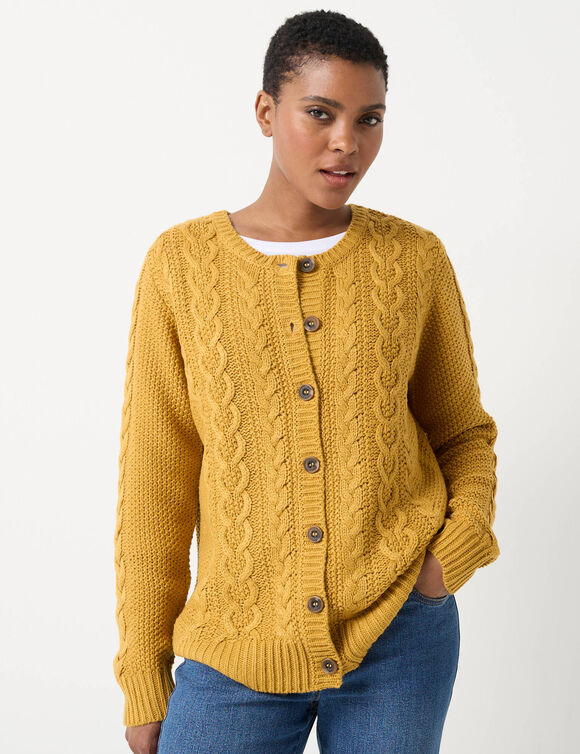 Cardigan boutonné, maille torsadée (curry)