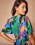 Robe longue imprimée, ceinture smockée dos (bleu / vert)