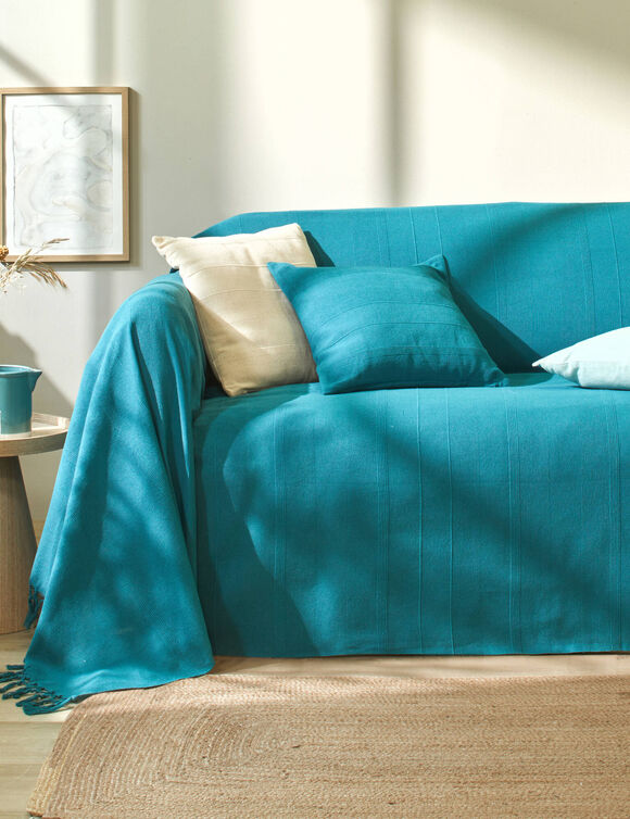   Plaid ou jeté uni coton tissage artisanal (bleu canard)