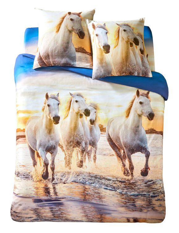 Linge de lit Haras imprimé chevaux, coton (beige)