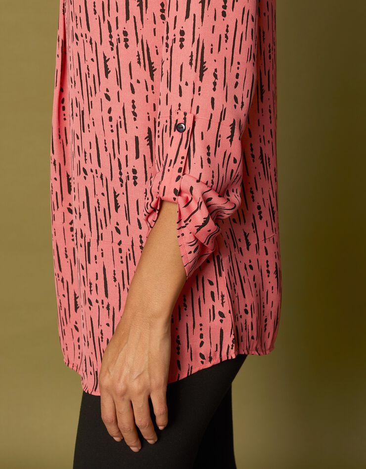 Blouse imprimé graphique col tunisien, crêpe (corail / noir) Blouse imprimé graphique col tunisien, crêpe (corail / noir)