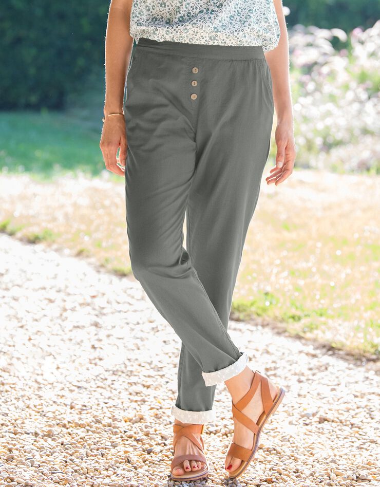 Pantalon coupe fuselée retroussé broderie anglaise, popeline (kaki) Pantalon coupe fuselée retroussé broderie anglaise, popeline (kaki)