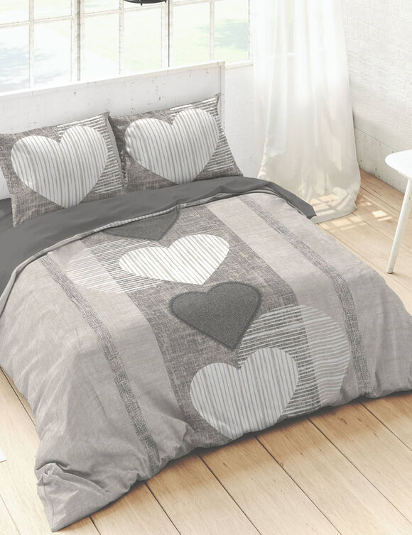 Linge de lit coeurs coton (écru / gris)