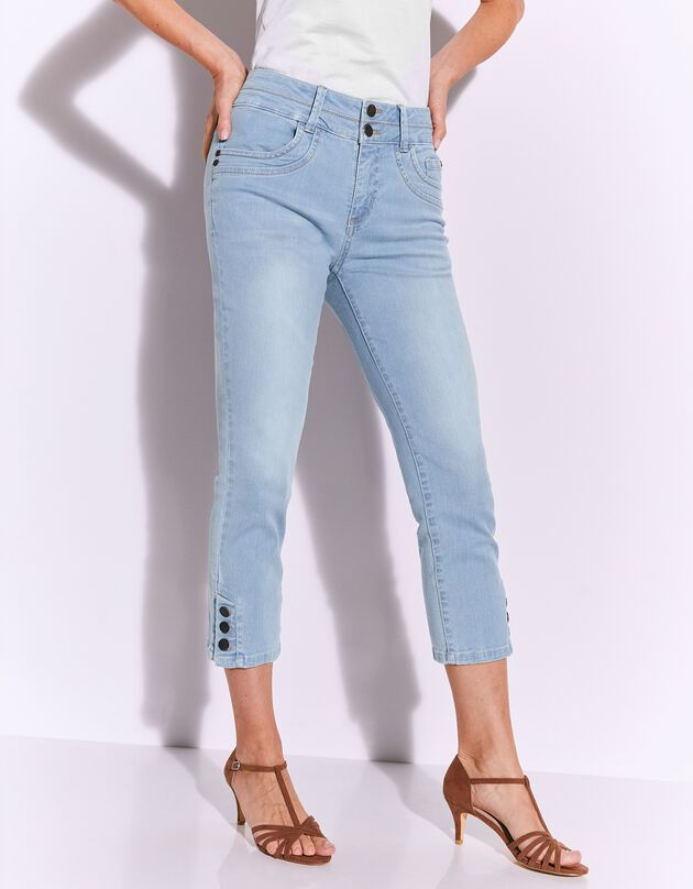 Pantacourt fuselé base boutonnée, jean stretch (bleached)