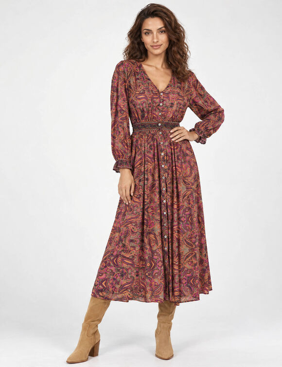 Robe longue boutonn&eacute;e imprim&eacute;e, taille smock&eacute;e (violet)