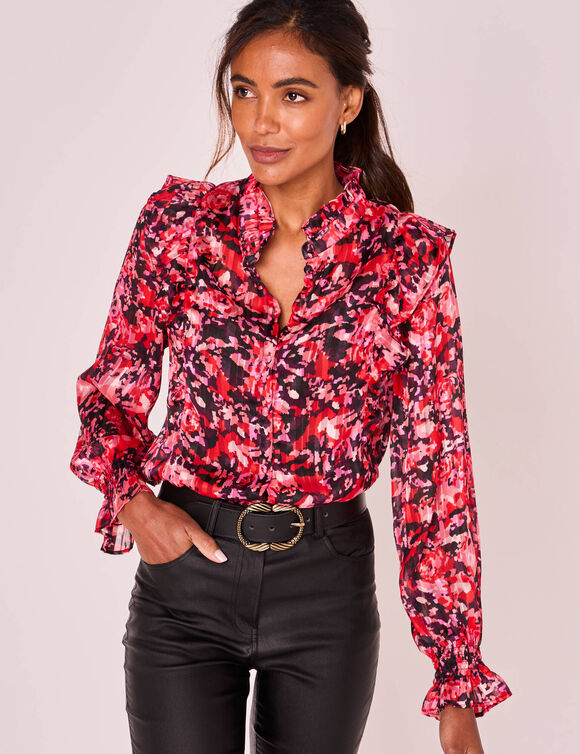 Chemisier imprimé col officier volanté (prune / rouge)
