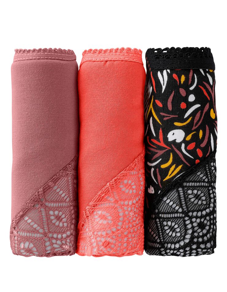 Culotte forme maxi coton stretch imprimé et dentelle - lot de 3 (noisette + corail + noir) Culotte forme maxi coton stretch imprimé et dentelle - lot de 3 (noisette + corail + noir)