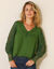 Blouse macramé col V manches longues, crêpe fluide (vert olive)
