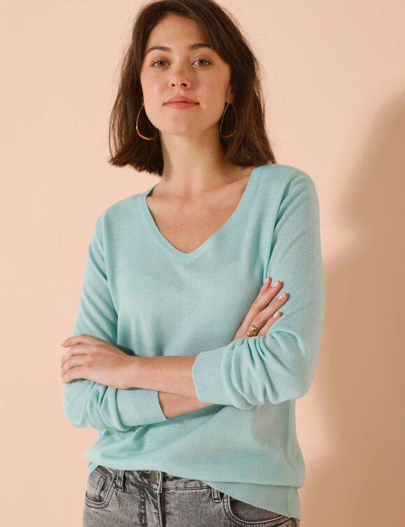 Pull col V, toucher doux (vert d'eau)
