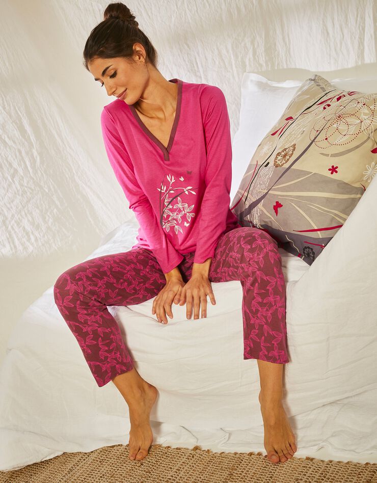 Pyjama en coton et viscose à manches longues, imprimé Florentine (fuchsia / prune)