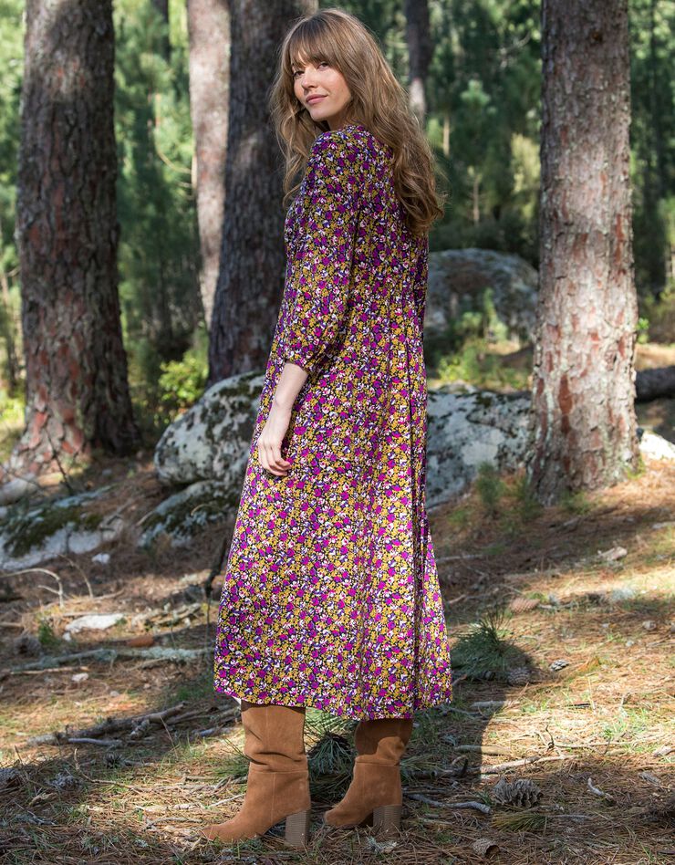 Robe manches 3/4 imprimé fleuri (noir / violine)