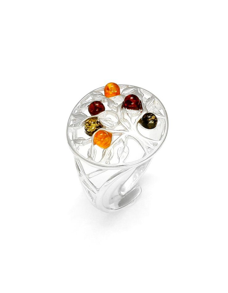 Bague réglable "arbre de vie" argent ambre (ambre)