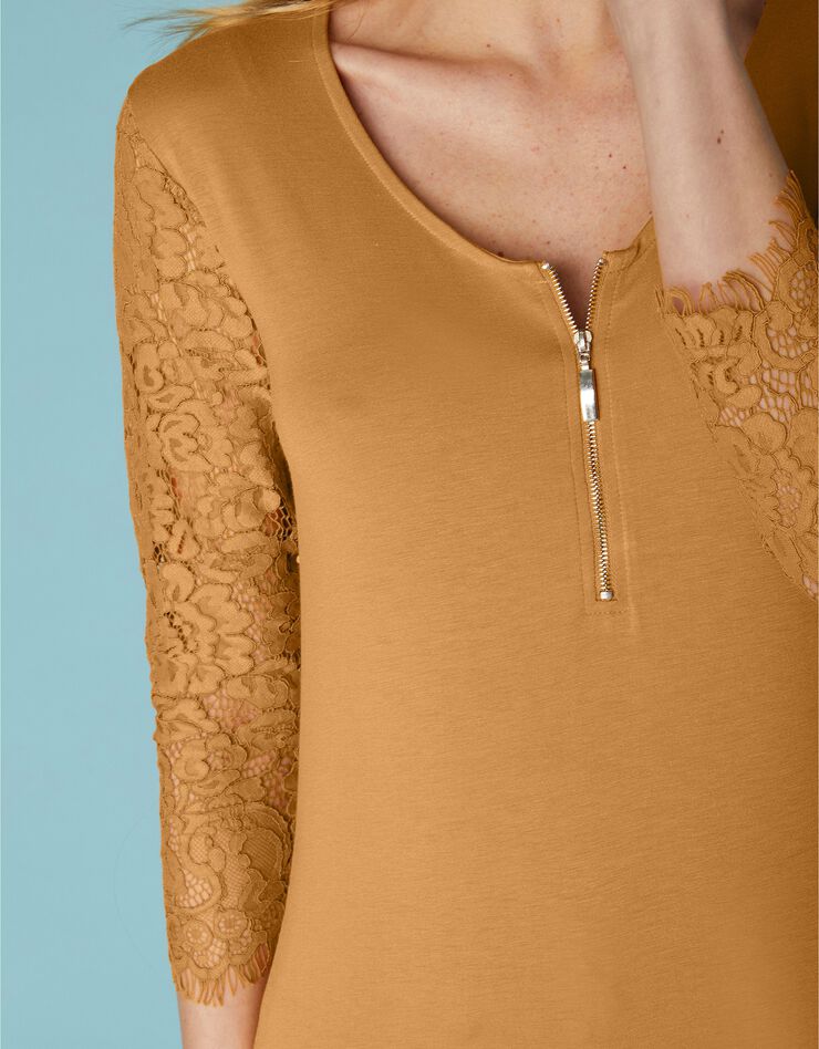 Tee-shirt col zippé manches 3/4 dentelle jersey (miel) Tee-shirt col zippé manches 3/4 dentelle jersey (miel)