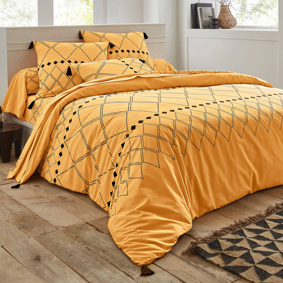 Linge de lit Massaï coton à motifs graphiques et finitions pompons (curry)