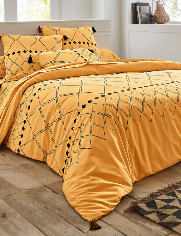 Linge de lit Massaï coton à motifs graphiques et finitions pompons (curry)