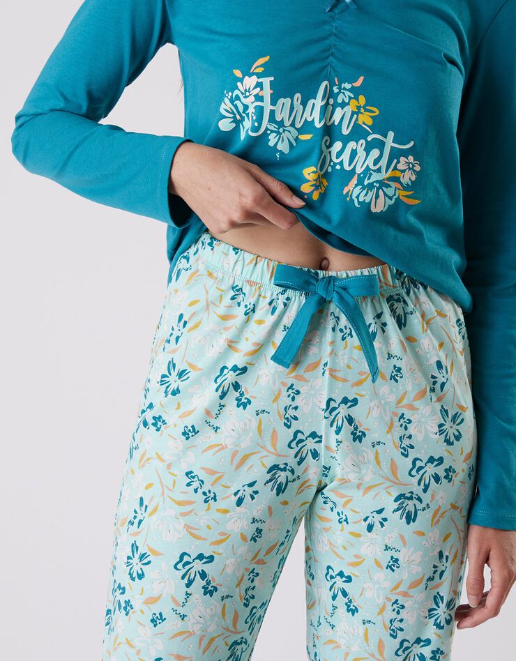 Pantalon pyjama coton imprimé floral (aqua)