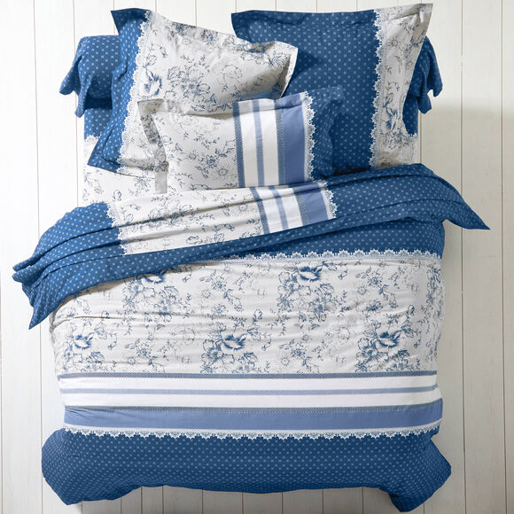 Linge de lit Gabrielle flanelle, imprimé fleurs et dentelle (bleu marine)