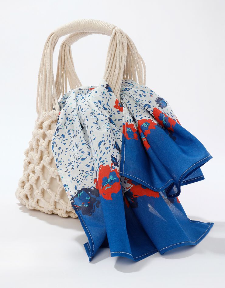 Foulard style chèche fabriqué en France imprimé coquelicots, 160 x 70 cm  - coton (écru / bleu)