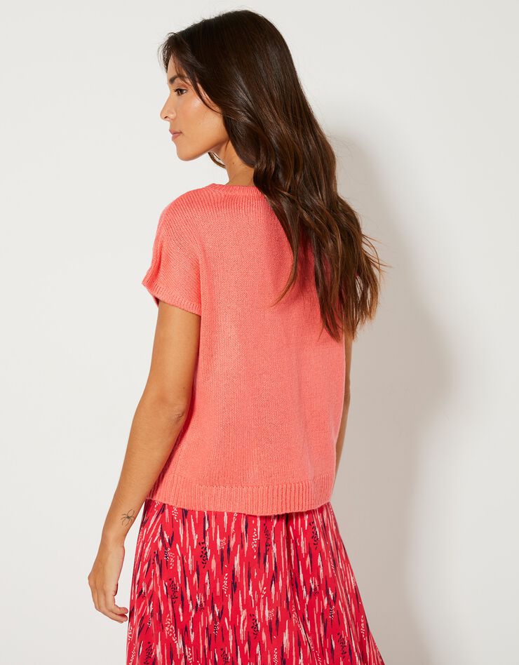 Pull manches courtes, maille ajourée toucher mohair (corail) Pull manches courtes, maille ajourée toucher mohair (corail)