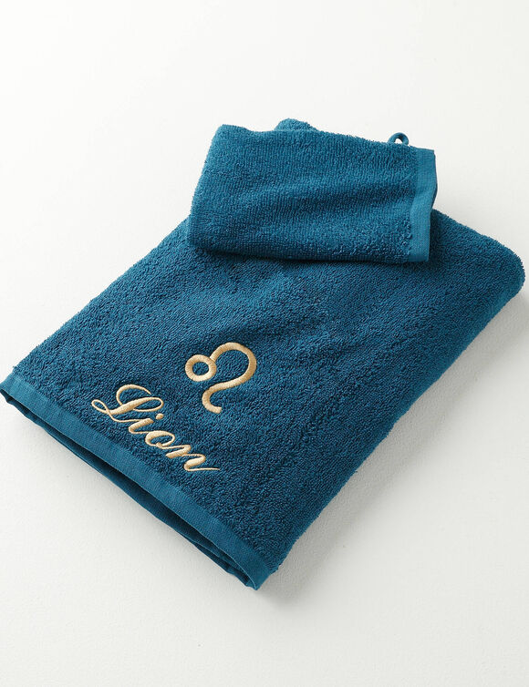 Serviettes de bain brodées Lion - 420g/m2 (bleu paon)