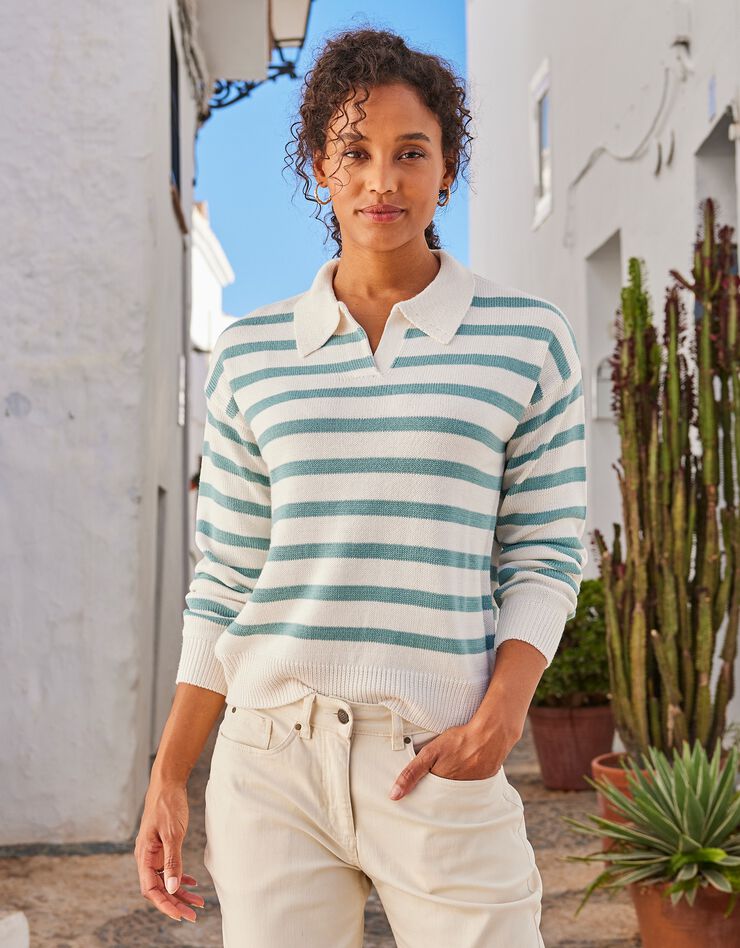 Pull col polo rayé (écru / vert)