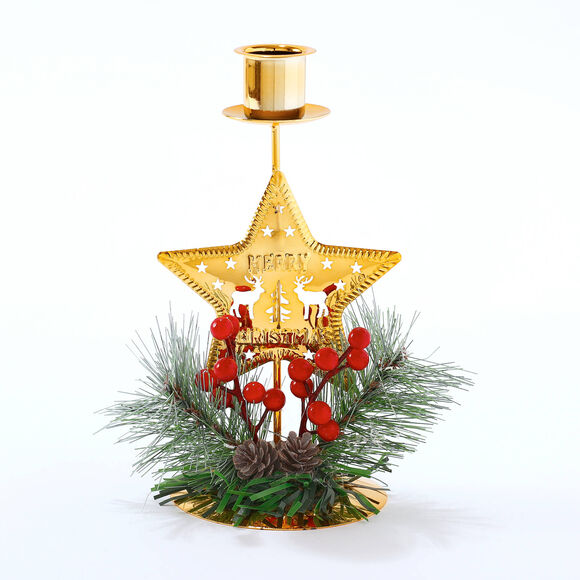 Bougeoir &eacute;toile avec d&eacute;coration sapin (vert/dor&eacute;)