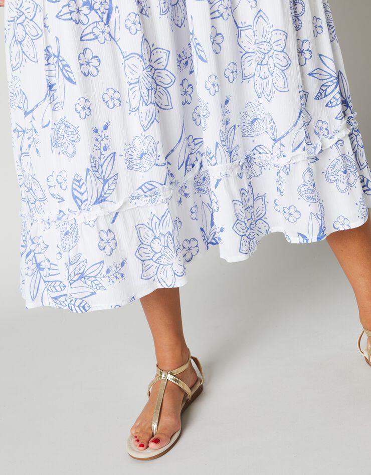 Robe longue volantée imprimée (blanc / bleu)